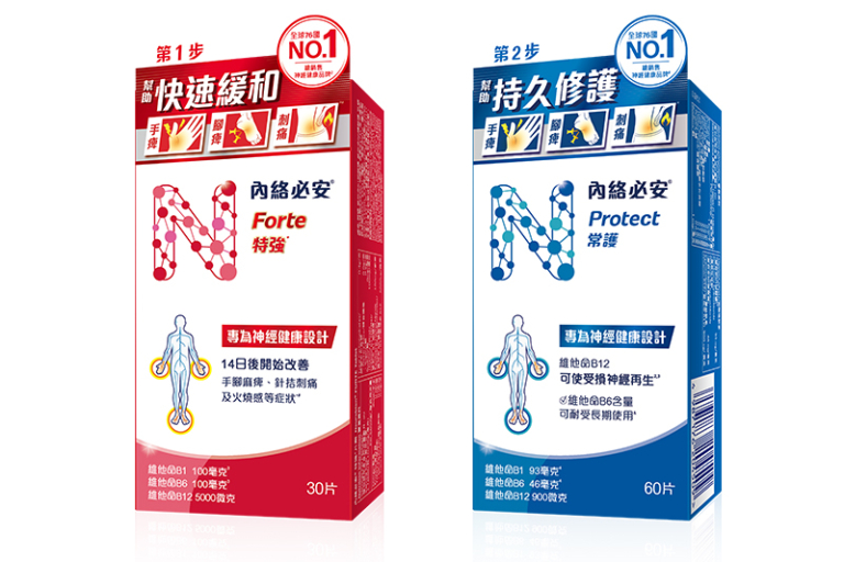 「紅盒」內絡必安特強及「藍盒」內絡必安常護，專為修復受損神經、改善手麻腳痺症狀設計
